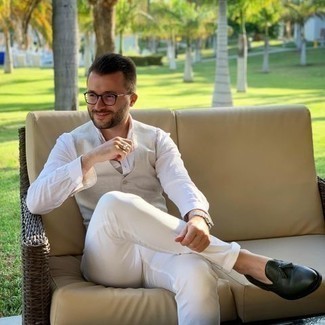 Olive Leather Loafers Outfits For Men: This is indisputable proof that a beige waistcoat and white jeans look amazing when teamed together in a sophisticated look for today's guy. To bring out a sophisticated side of you, complement this getup with a pair of olive leather loafers.