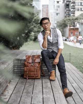 Men's Black and White Gingham Waistcoat, White Long Sleeve Shirt, Charcoal Jeans, Brown Suede Chelsea Boots