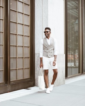 Men's White and Black Houndstooth Waistcoat, White Long Sleeve Shirt, White Shorts, White Canvas Low Top Sneakers