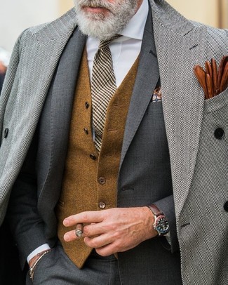 Dark Brown Wool Tie Dressy Winter Outfits For Men: 