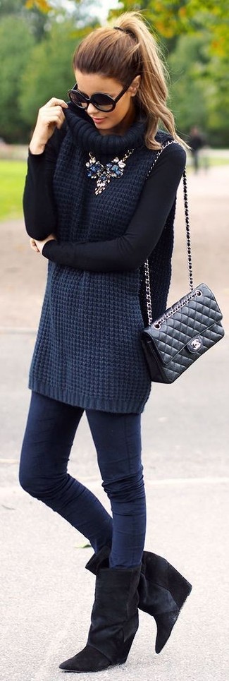 Women's Black Quilted Leather Satchel Bag, Black Suede Wedge Ankle Boots, Navy Skinny Jeans, Navy Knit Turtleneck