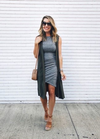 Women's Tan Leather Crossbody Bag, Brown Leather Wedge Sandals, Grey Bodycon Dress, Charcoal Vest
