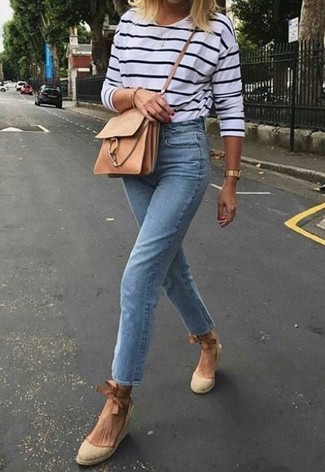 Women's Tan Leather Crossbody Bag, Beige Canvas Wedge Sandals, Light Blue Jeans, White and Navy Horizontal Striped Long Sleeve T-shirt