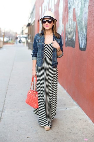 White and Navy Vertical Striped Maxi Dress Outfits: 