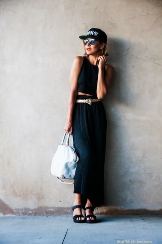 Women's White Leather Tote Bag, Black Leather Wedge Sandals, Black Maxi Skirt, Black Cropped Top