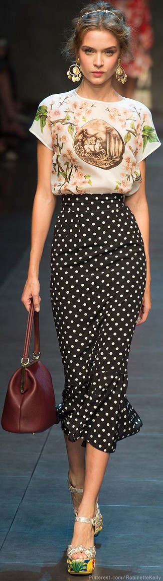 Black and White Polka Dot Midi Skirt Outfits: 