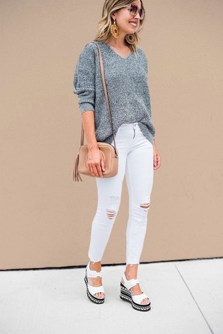 Women's Tan Leather Crossbody Bag, White Leather Wedge Sandals, White Ripped Skinny Jeans, Grey Oversized Sweater