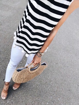 Women's Tan Straw Tote Bag, Brown Leather Wedge Sandals, White Ripped Skinny Jeans, White and Black Horizontal Striped Sleeveless Top