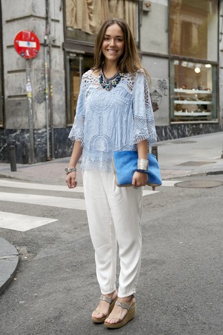 Women's Blue Fur Clutch, Beige Leather Wedge Sandals, White Silk Tapered Pants, Light Blue Crochet Short Sleeve Blouse