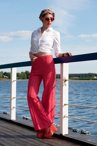 Red Print Wide Leg Pants Outfits: 