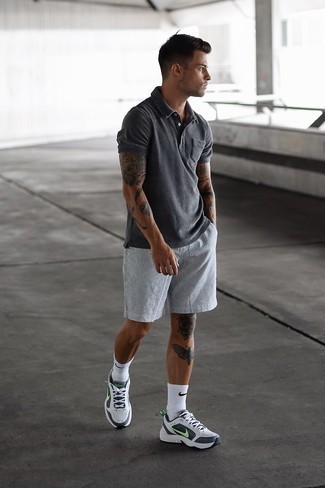 Men's White Socks, White and Black Athletic Shoes, Grey Vertical Striped Shorts, Charcoal Polo