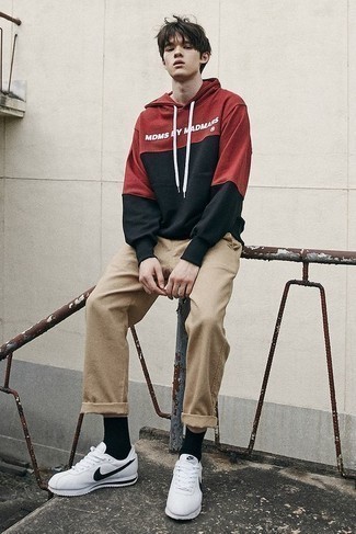 Burgundy Print Hoodie Outfits For Men: 