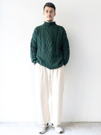 Dark Green Knit Wool Turtleneck Outfits For Men: 