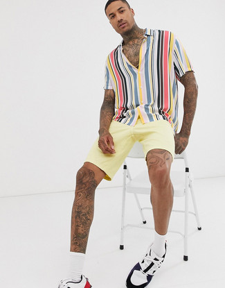 Men's White Socks, White and Black Athletic Shoes, Yellow Shorts, Multi colored Vertical Striped Short Sleeve Shirt