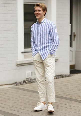 Men's White and Black Canvas Low Top Sneakers, Beige Chinos, White and Blue Vertical Striped Long Sleeve Shirt