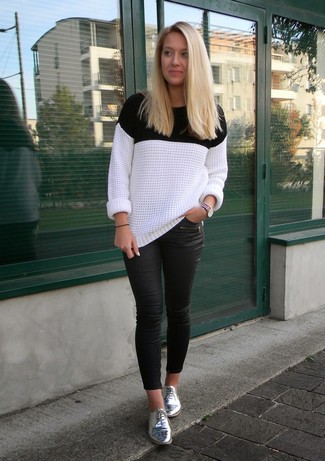 Women's White and Black Crew-neck Sweater, Black Leather Skinny Pants, Silver Leather Oxford Shoes, White and Red and Navy Watch