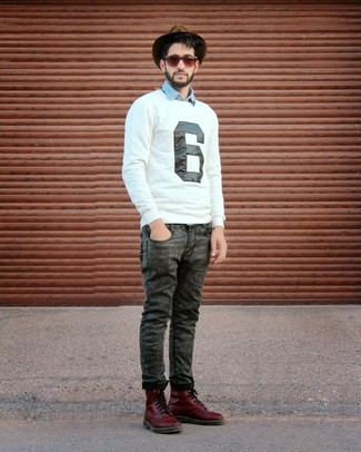 Men's White and Black Print Crew-neck Sweater, Charcoal Jeans, Burgundy Leather Casual Boots, Olive Hat