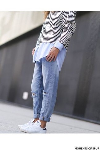 Women's White and Black Horizontal Striped Crew-neck Sweater, Light Blue Dress Shirt, Light Blue Ripped Boyfriend Jeans, White Leather Low Top Sneakers