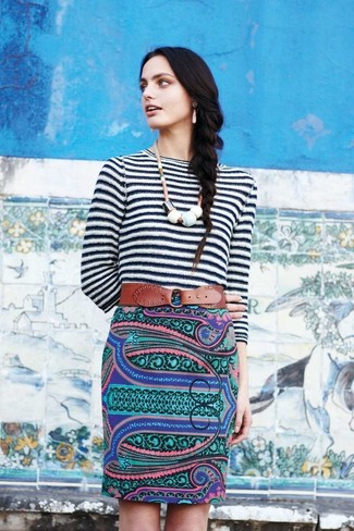 Women's White and Black Horizontal Striped Crew-neck Sweater, Multi colored Paisley Pencil Skirt, Brown Leather Waist Belt, White Necklace