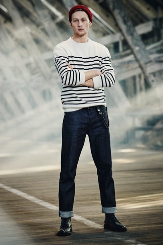 White and Black Horizontal Striped Crew-neck Sweater Outfits For Men: A white and black horizontal striped crew-neck sweater and navy jeans will convey this casually cool vibe. If you need to instantly level up your look with one piece, why not add a pair of black leather dress boots to your outfit?