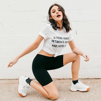 500+ Relaxed Outfits For Women: A white and black print crew-neck t-shirt and black bike shorts are a good go-to ensemble to have in your closet. To bring a playful feel to this outfit, add white athletic shoes to the mix.