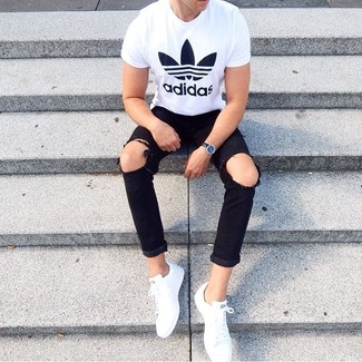 Men's White and Black Print Crew-neck T-shirt, Black Ripped Jeans, White Low Top Sneakers, Black Leather Watch