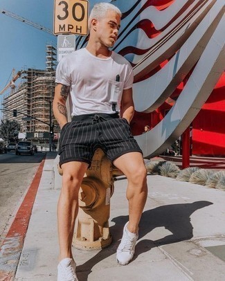 Men's White and Black Print Crew-neck T-shirt, Black Vertical Striped Shorts, White Canvas Low Top Sneakers, White No Show Socks