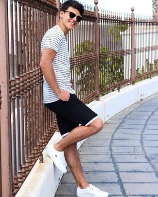 Black Shorts Outfits For Men: A white and black horizontal striped crew-neck t-shirt and black shorts are a good look to have in your daily fashion mix. This outfit is complemented really well with white canvas low top sneakers.