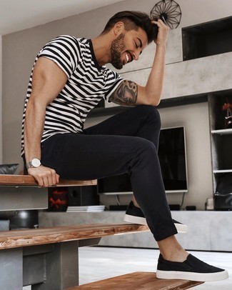 Men's White and Black Horizontal Striped Crew-neck T-shirt, Black Skinny Jeans, Black Suede Slip-on Sneakers, Grey Canvas Watch