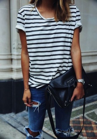 Women's White and Black Horizontal Striped Crew-neck T-shirt, Blue Ripped Skinny Jeans, Black Leather Crossbody Bag, Silver Watch