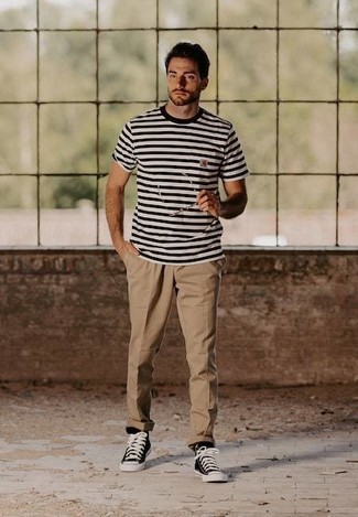 Men's White and Black Horizontal Striped Crew-neck T-shirt, Khaki Chinos, Black and White Canvas High Top Sneakers, Clear Sunglasses