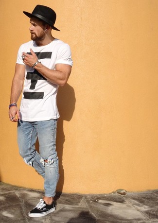 Men's White and Black Print Crew-neck T-shirt, Light Blue Ripped Jeans, Black and White Plimsolls, Black Wool Hat