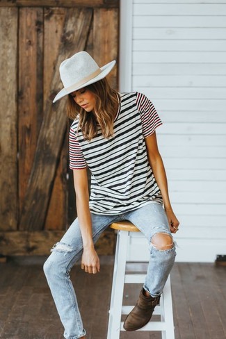 Women's White and Black Horizontal Striped Crew-neck T-shirt, Light Blue Ripped Jeans, Brown Suede Ankle Boots, Grey Wool Hat