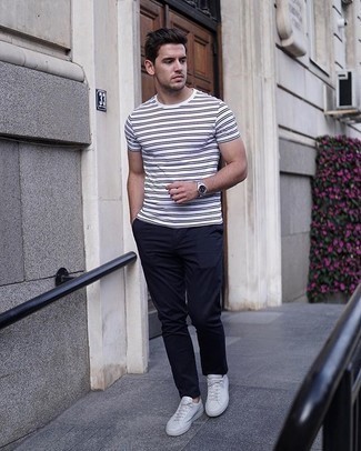 Men's White and Black Horizontal Striped Crew-neck T-shirt, Navy Chinos, White Canvas Low Top Sneakers, Silver Watch
