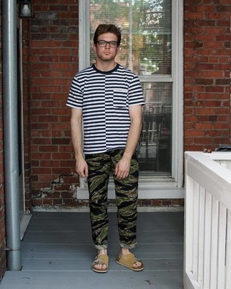 Men's White and Black Horizontal Striped Crew-neck T-shirt, Olive Camouflage Chinos, Tan Suede Sandals, Clear Sunglasses
