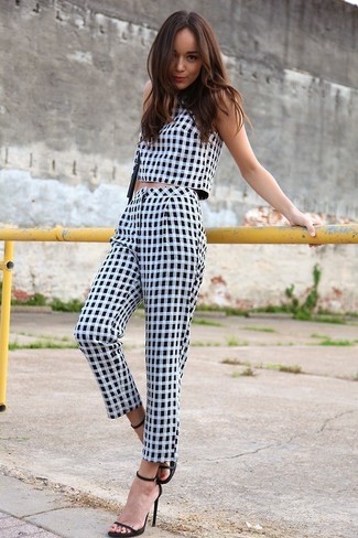 White and Black Plaid Cropped Top Outfits: If you're a fan of casual style, why not try this combo of a white and black plaid cropped top and white and black plaid capri pants? And if you wish to immediately step up your outfit with footwear, introduce black leather heeled sandals to the mix.