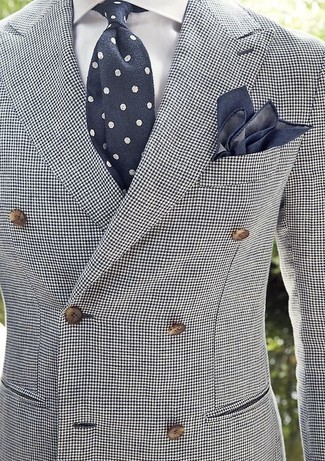 Navy Polka Dot Tie Outfits For Men: Pair a white and black houndstooth double breasted blazer with a navy polka dot tie and you're bound to turn every head in the room.