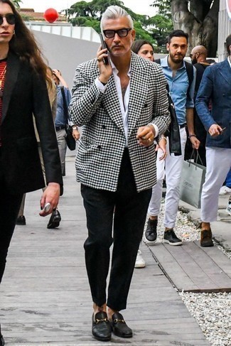 White and Navy Double Breasted Blazer Outfits For Men: Make a bold statement anywhere you go by opting for a white and navy double breasted blazer and black chinos. Feeling adventerous? Shake things up by slipping into black leather loafers.
