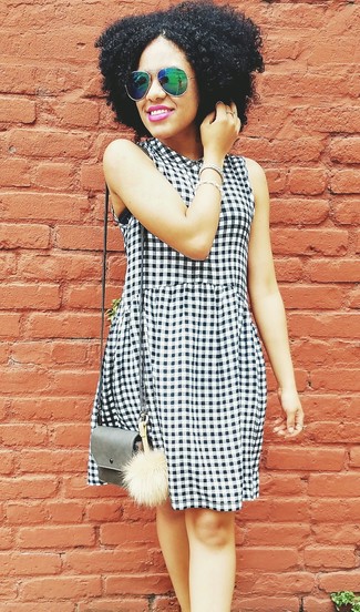 Women's White and Black Gingham Casual Dress, Grey Leather Crossbody Bag, Green Sunglasses