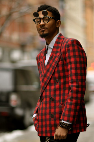 Red Gingham Blazer Outfits For Men: 