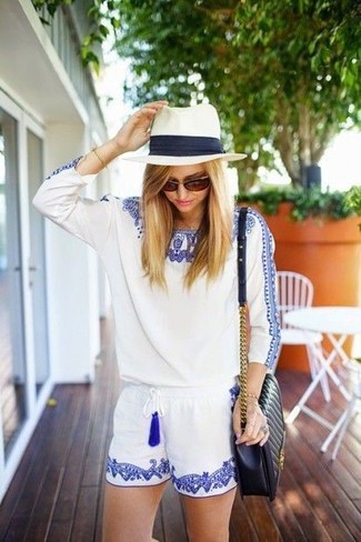 Women's Dark Brown Sunglasses, White and Black Straw Hat, Black Quilted Leather Crossbody Bag, White and Blue Embroidered Playsuit