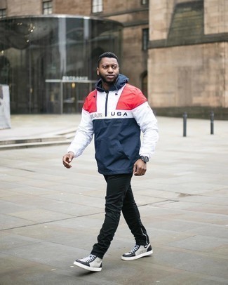 White and Red and Navy Windbreaker Outfits For Men: 