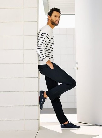 Men's White and Black Horizontal Striped Crew-neck Sweater, Navy Chinos, Navy Leather Low Top Sneakers