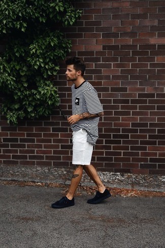 Black Suede Low Top Sneakers Outfits For Men: Go for a white and black horizontal striped crew-neck t-shirt and white shorts to feel fully confident in yourself and look on-trend. Black suede low top sneakers are a good idea to complement your ensemble.