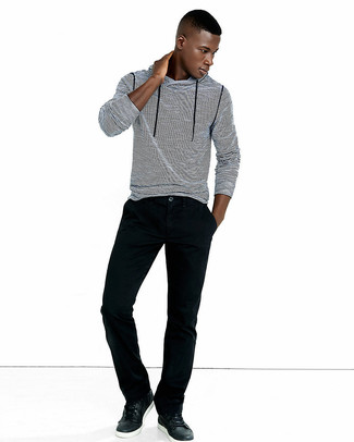 White and Black Horizontal Striped Hoodie Outfits For Men: This combination of a white and black horizontal striped hoodie and black corduroy jeans is extremely easy to do and so comfortable to sport throughout the day as well! Black leather low top sneakers pull the ensemble together.