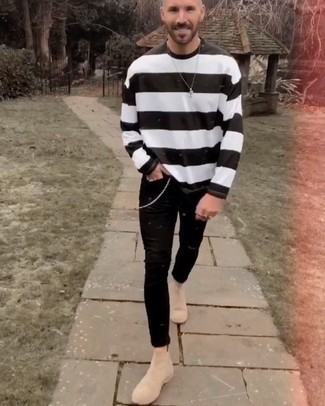 Men's White and Black Horizontal Striped Long Sleeve T-Shirt, Black Ripped Skinny Jeans, Beige Suede Chelsea Boots