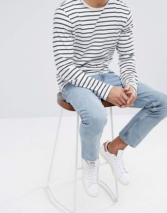 Long Sleeve T Shirt With Stripe In White