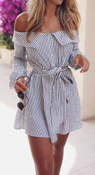 White and Black Horizontal Striped Off Shoulder Dress Outfits: Consider wearing a white and black horizontal striped off shoulder dress for a totaly stylish ensemble that's also easy to wear.