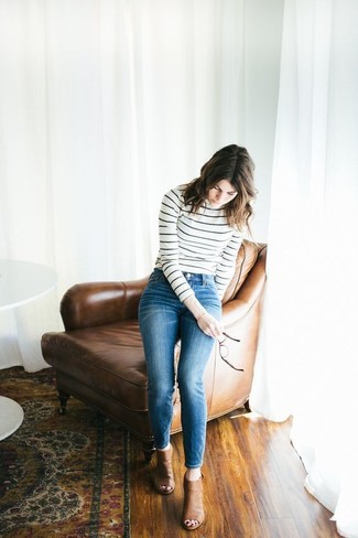 Women's White and Black Horizontal Striped Turtleneck, Blue Skinny Jeans, Tan Leather Mules