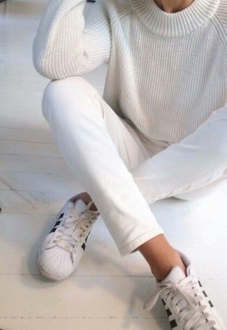 Women's White and Black Leather Low Top Sneakers, White Jeans, White Crew-neck Sweater